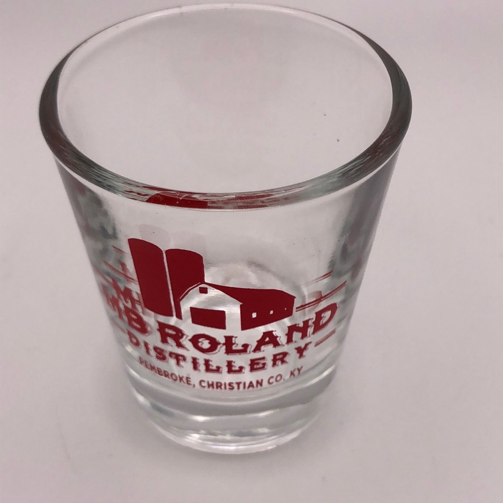 MB ROLAND DISTILLERY SHOT GLASS, PEMBROKE, CHRISTIAN CO. KENTUCKY